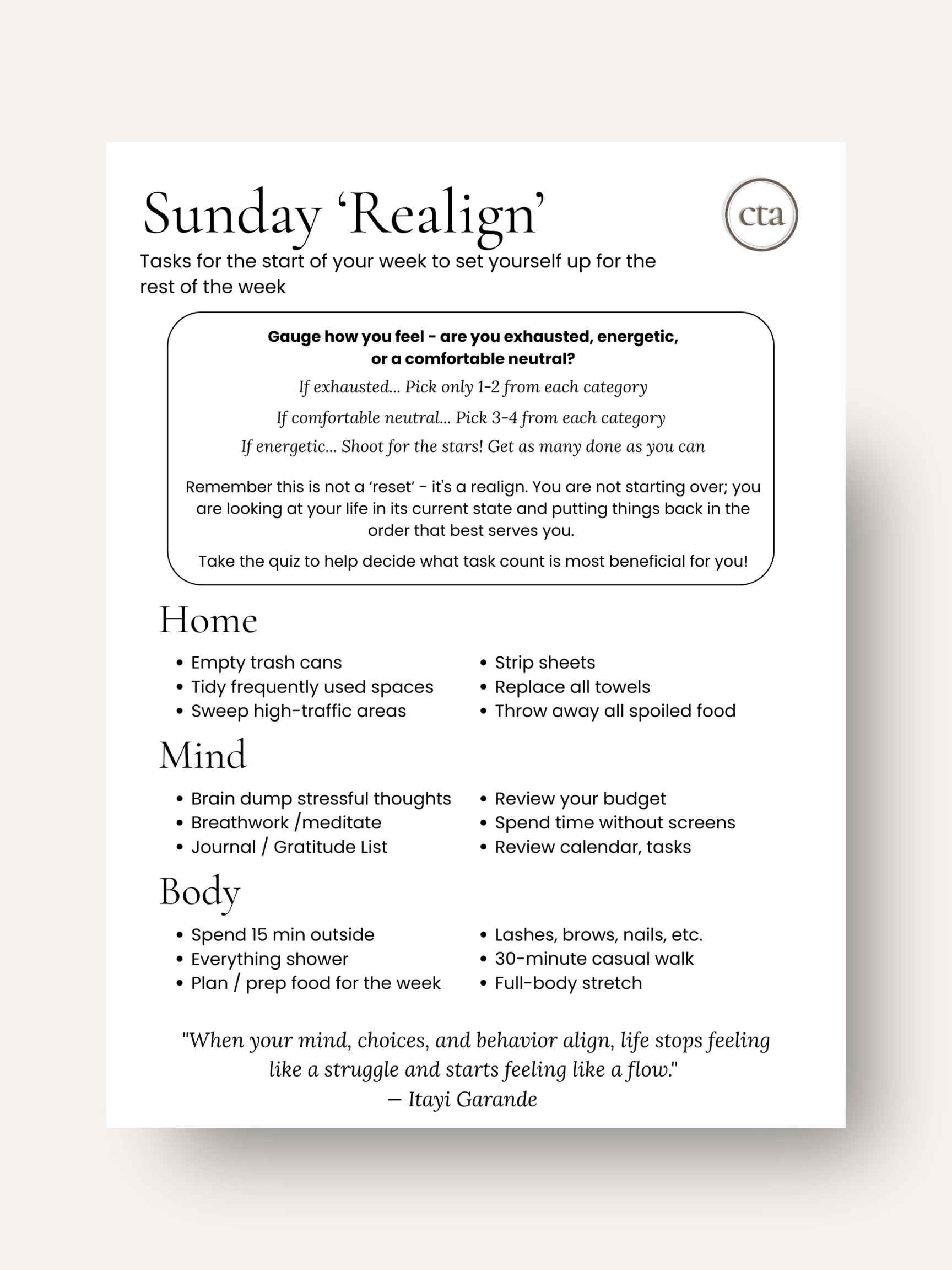 Sunday Realign Guide and Energy Quiz