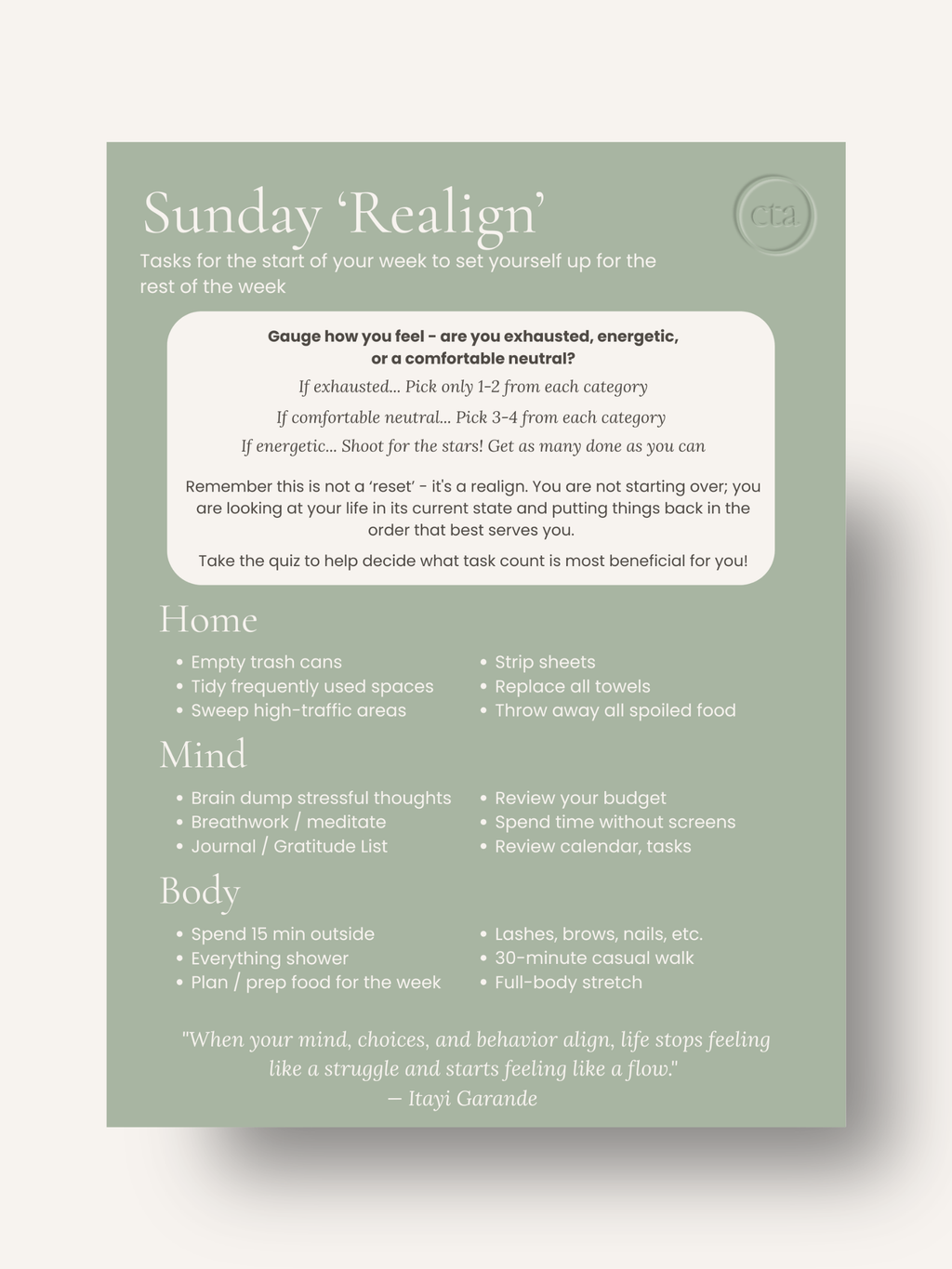 Sunday Realign Guide and Energy Quiz