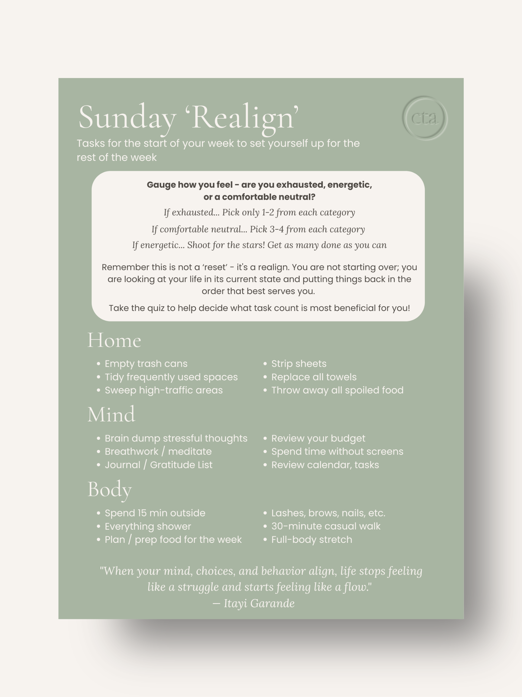 Sunday Realign Guide and Energy Quiz